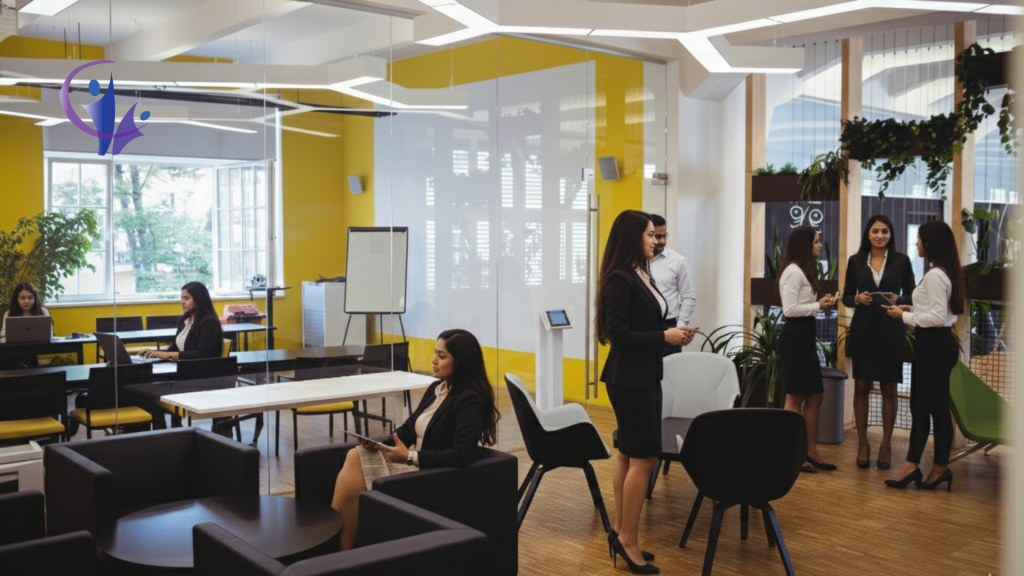 A modern open coworking space with professionals working and collaborating in a bright, well-designed office environment, showcasing an affordable office space for rent with shared desks and meeting areas.