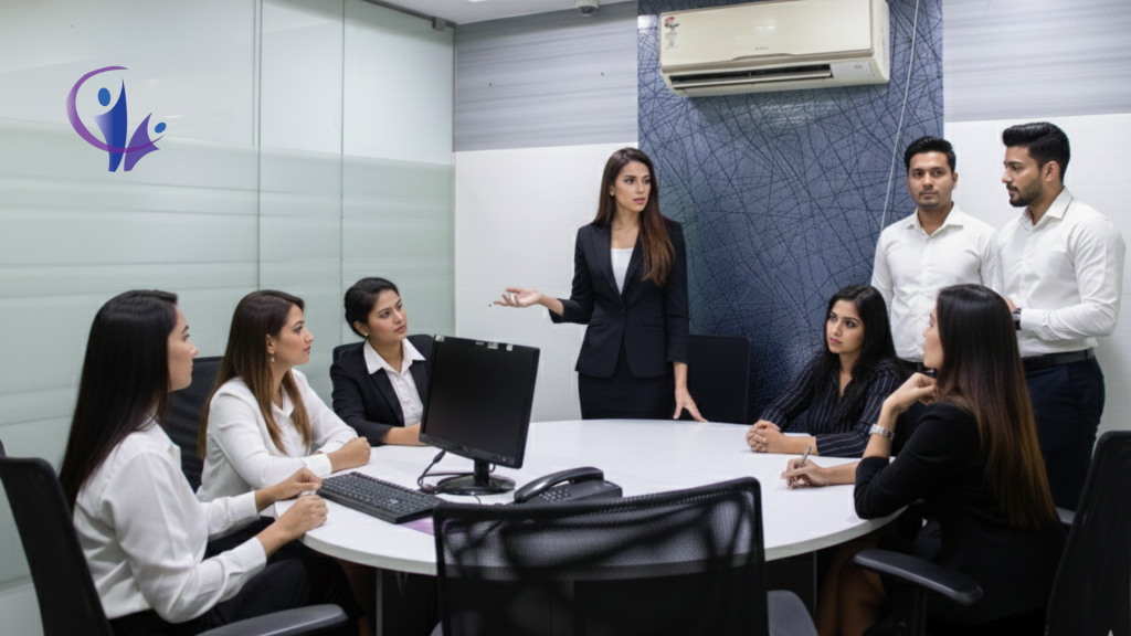 A modern open coworking space with professionals working and collaborating in a bright, well-designed office environment, showcasing an affordable office space for rent with shared desks and meeting areas.